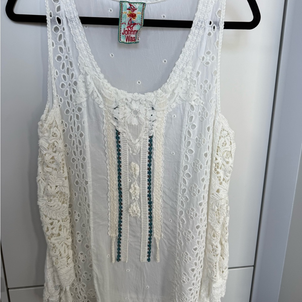 Johnny Was White and Blue Embroidered Blouse